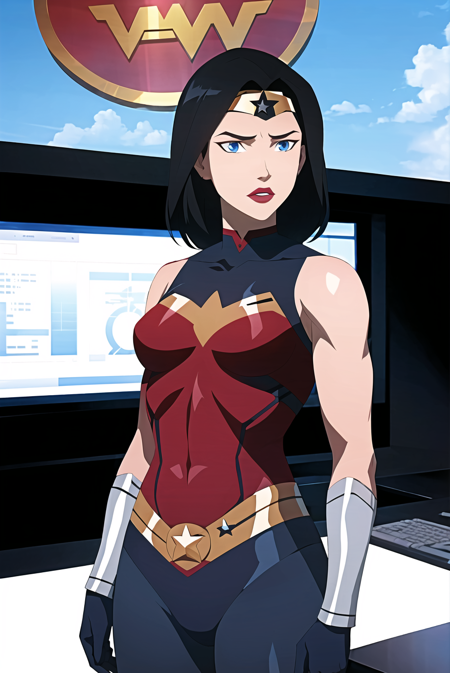 3978524530-3186012545-wonder woman, 1girl, female focus, solo, black hair, blue eyes, superhero,  gloves, makeup, lipstick, bodysuit, breasts, medium.png